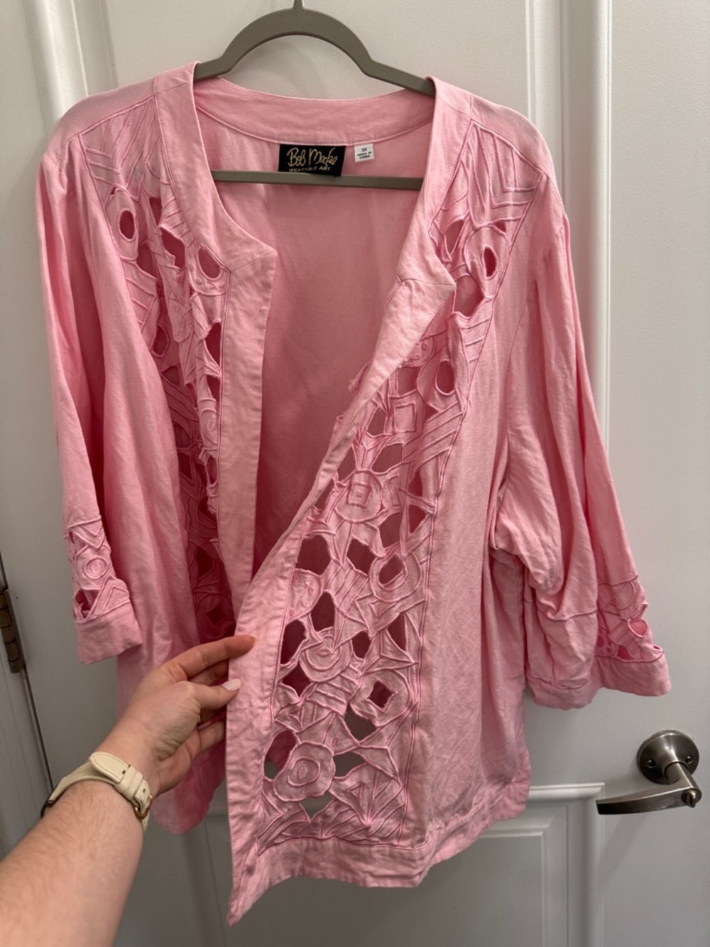 Bob Mackie Pink Linen Cutwork Jacket - Picture 2 of 6
